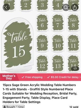 Sage Green Acrylic Table Number Set (1-15)